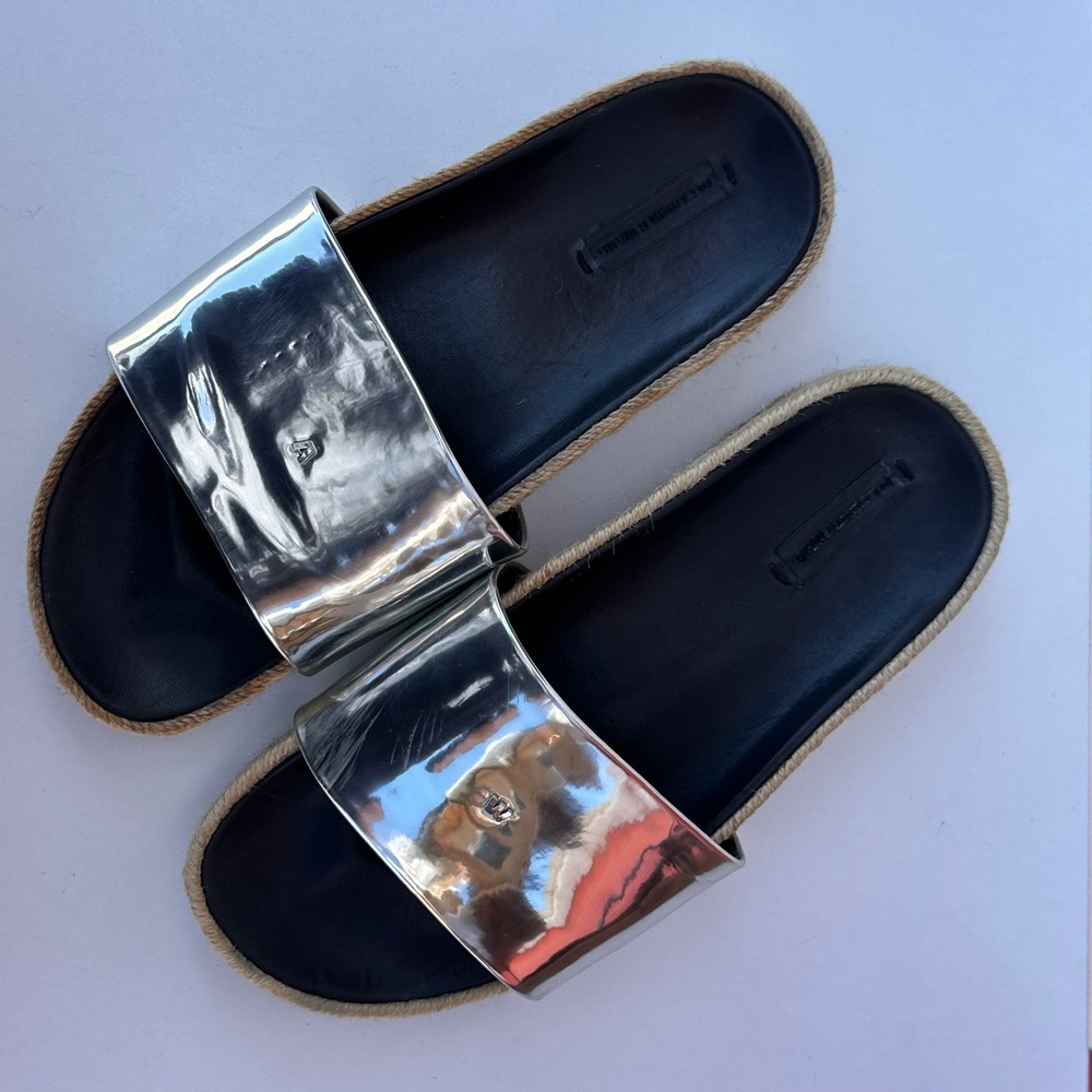Alexander Wang Silver Metallic Mirror Espadrille Slide Sandals Black 40